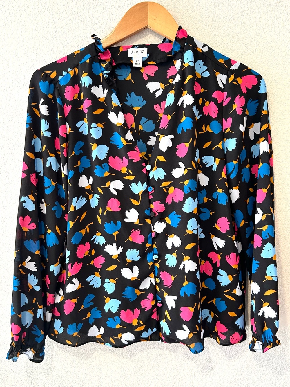 J.Crew Black Floral Satin Ruffle Buttondown Blouse Size Office Casual Preppy XS